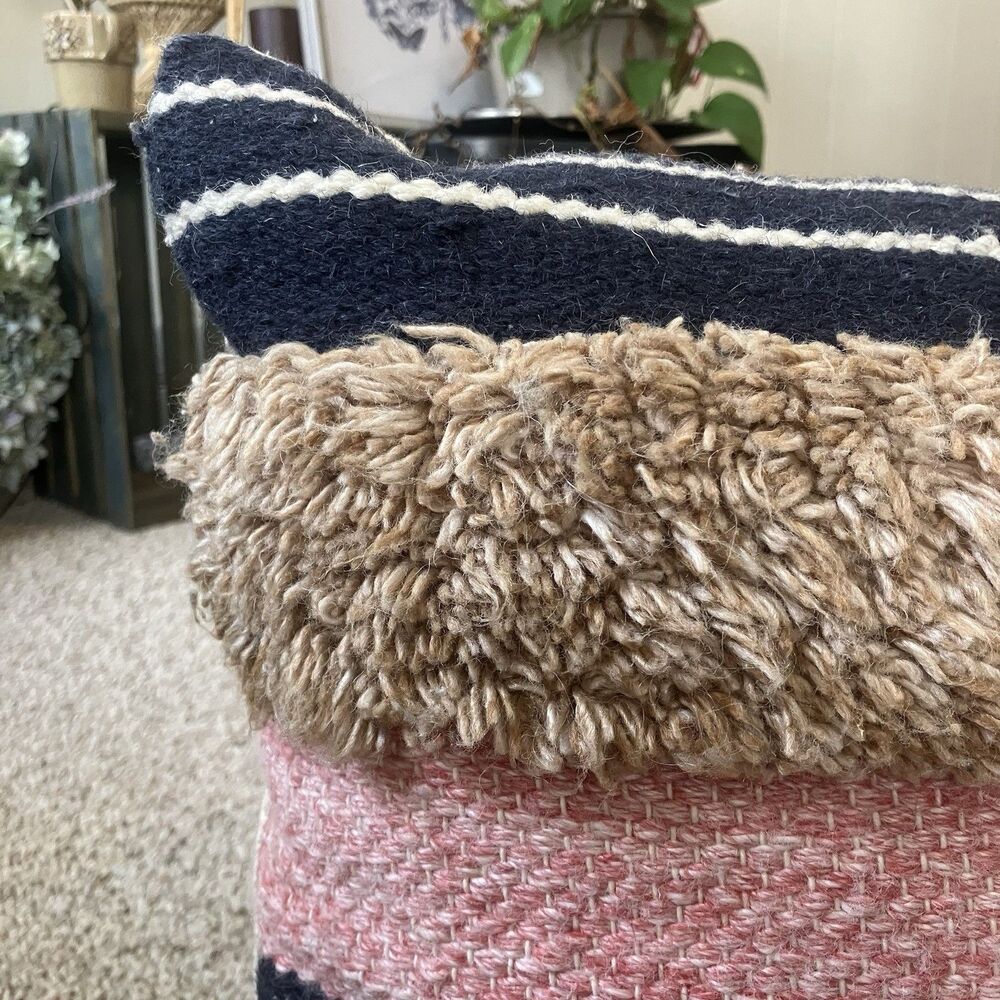 World Market Fringe Pillow Wool Cotton Boho Neutral Blue Pink Tan Braided Hippie - Picture 3 of 9